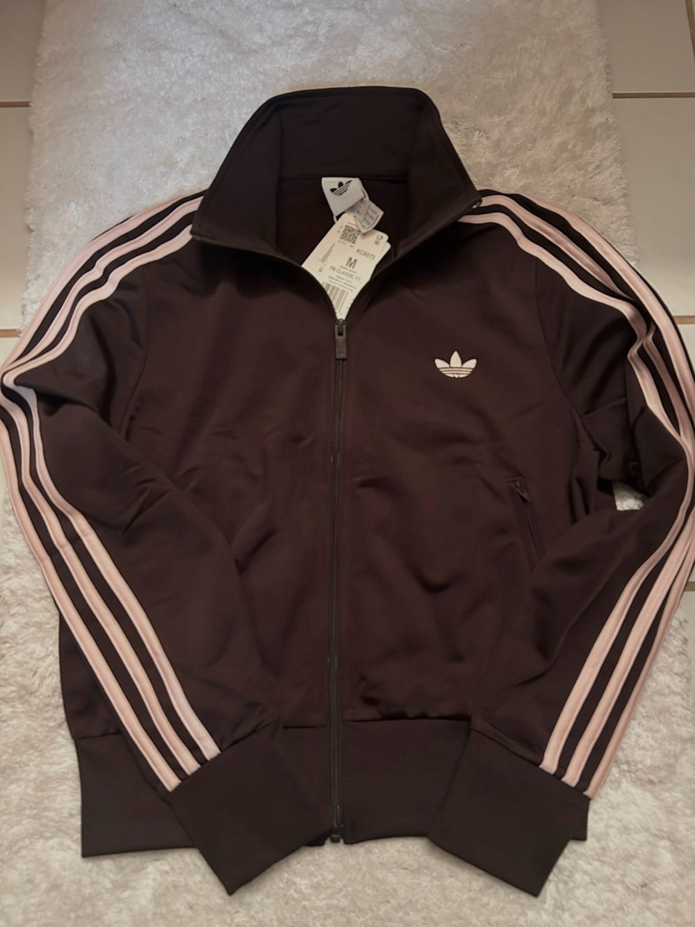 Adidas Brown Track Jacket with Light Pink Stripes Women’s Medium